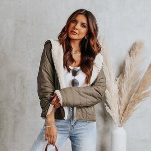 HOODED SHERPA LINED OLIVE PUFFER JACKET